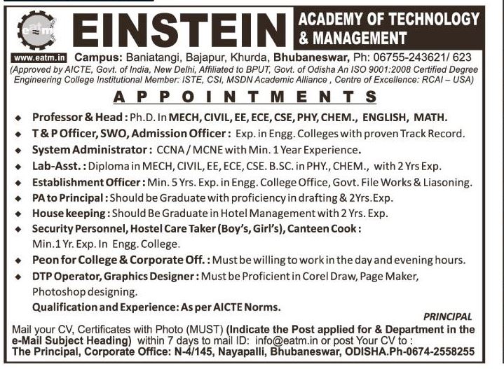 Odisha Jobs Various Jobs in Einstein Academy Of Technology
