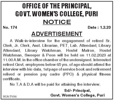 Odisha Jobs Walk In At Govt Womens College Puri Feb 2023