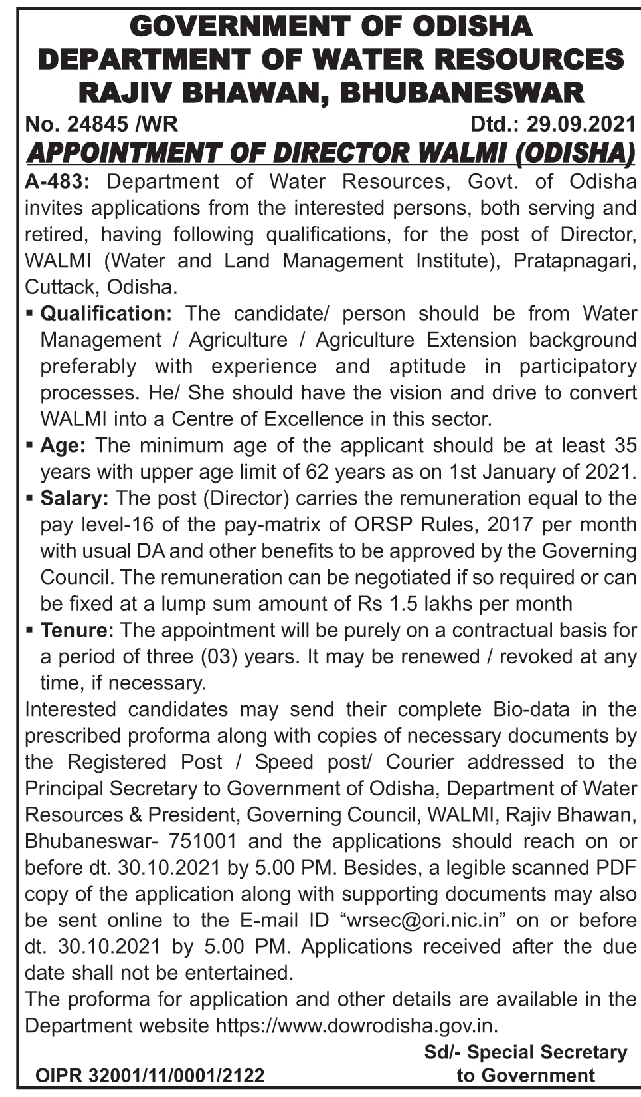 Odisha Jobs Engagement at WaterResourcesDepartment Sep2021