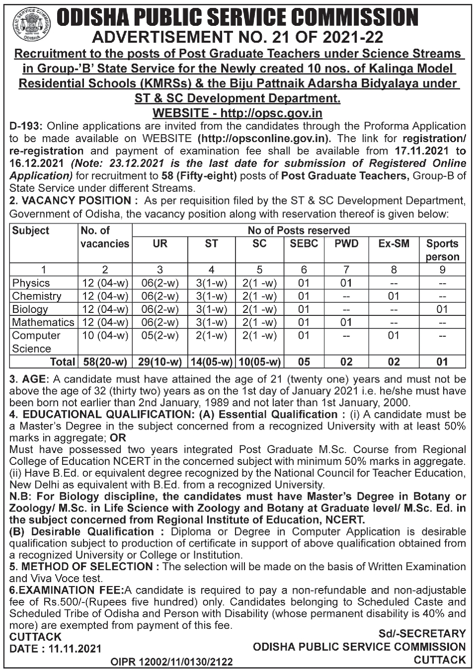 Odisha Jobs Appointment of PGT under OPSC Nov2021