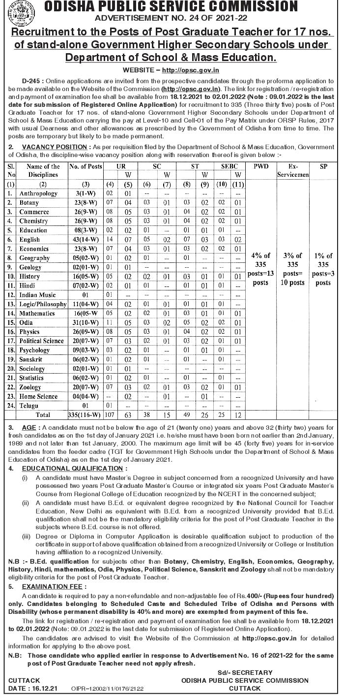 Odisha Jobs Engagement of PGT under OPSC Dec2021