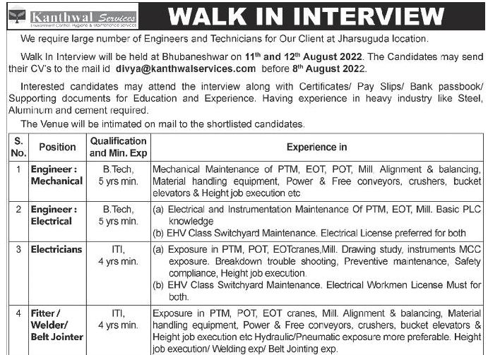 Odisha Jobs Walkin at KanthwalServices July2022