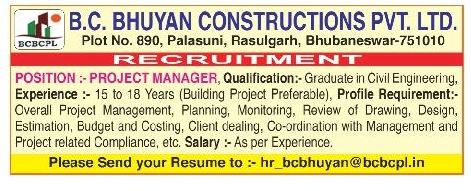 Odisha Vacancies - Wanted for BC-Bhuyan-Constructions-Pvt-Ltd Aug-2022