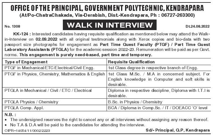 Odisha Jobs Walk In At Govt Polytechnic Kendrapara Aug 2022