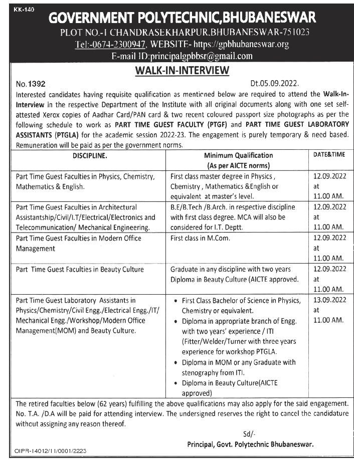 Odisha Jobs Walkin at GovtPolytechnicBbsr Sep2022