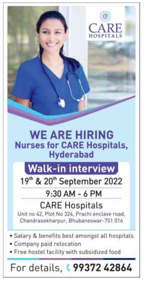 Odisha Jobs Walk In At Care Hospitals Sep 2022