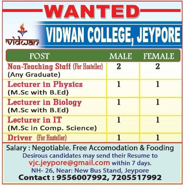 odisha-jobs-job-vacancy-at-vidwan-college-jeypore-sep-2022