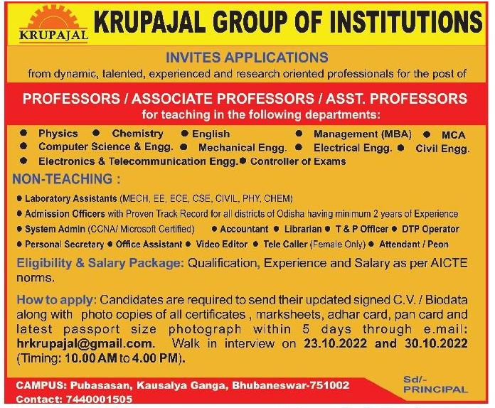 Odisha Jobs Walk In At Krupajal Group Oct 2022