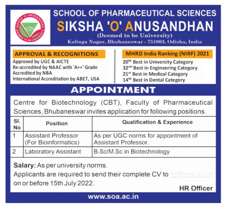 Odisha Jobs Appointment at SOABbsr June2022