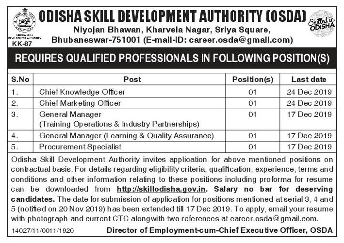 Odisha Jobs Recruitment for OdishaSkillDevelopmentAuthority