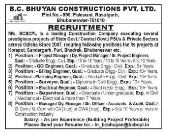 Odisha Jobs - Opportunity at BCBCPL Dec-2022