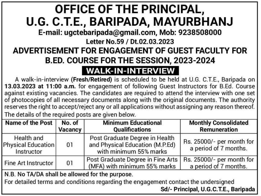 Odisha Jobs Walkin at UGCTEOffice Mar2023