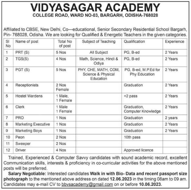 Odisha Jobs Walkin at VidyasagarAcademy June2023