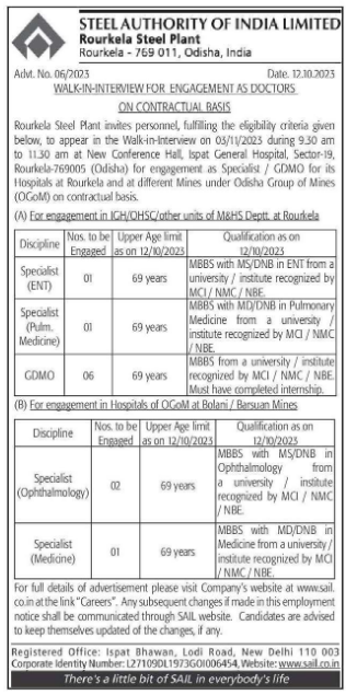 Odisha Jobs - Walk-in at SAIL-Rkl Oct-2023