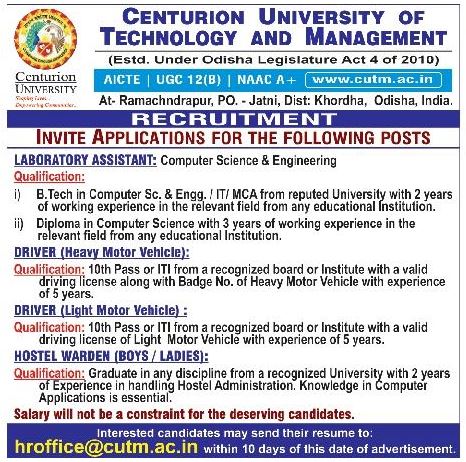 Odisha Jobs - Vacancy at CUTM Dec-2023