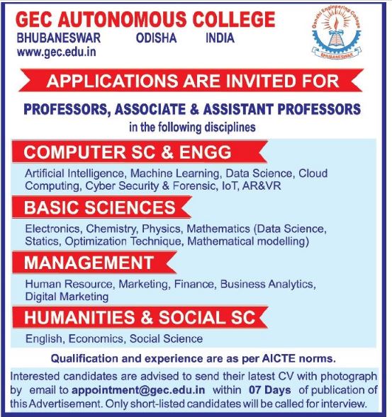Odisha Jobs - Post-Vacancy at GEC-Auto-College Feb-24