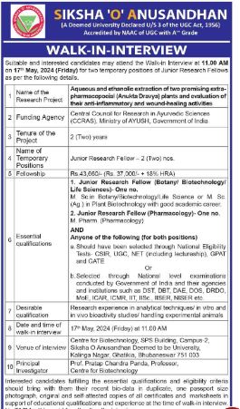 Odisha Jobs - Walk-in at SOA May-24