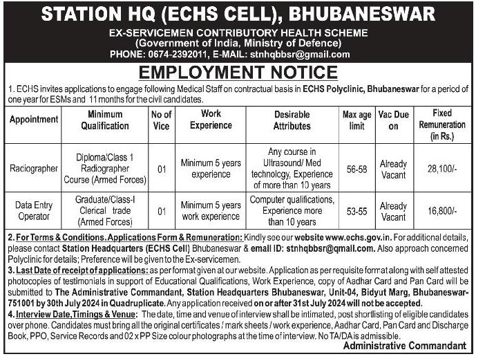 Odisha Jobs Vacancy at ECHSCellBbsr June24
