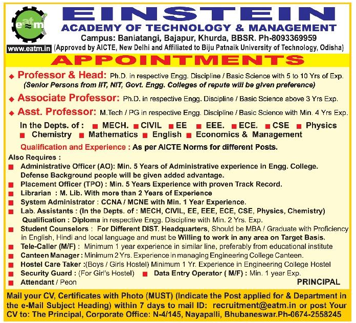 Odisha Jobs - Recruitment at Einstein-Academy-of-Technology Aug-2023