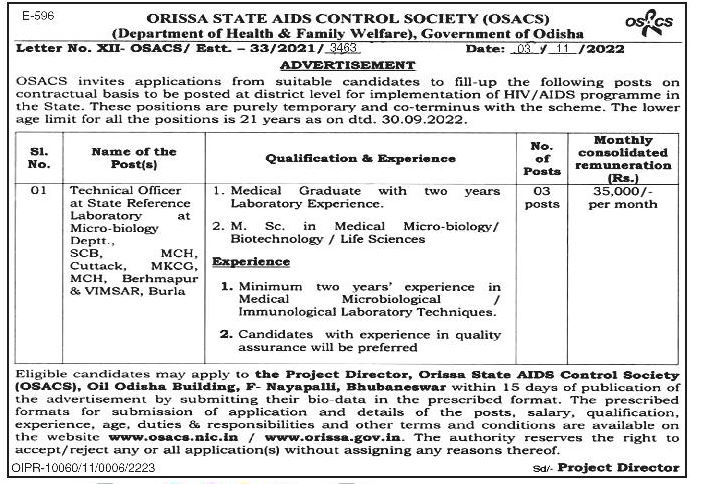 Odisha Jobs - Career-Opporunity at OSACS Nov-2022