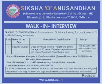 Odisha Jobs - Walk-in At SOA Nov-2023